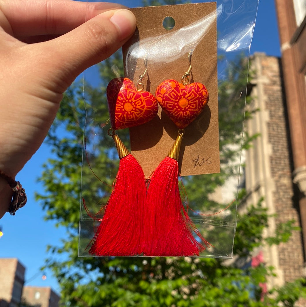 Wooden Heart Tassel Earrings